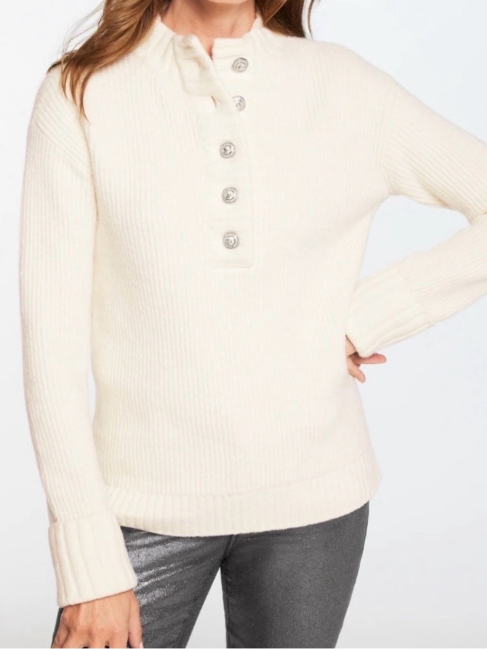 Talbots Ivory Ribbed Button-Placket Sweater